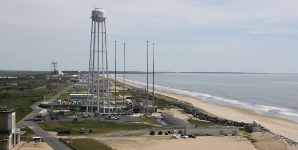 Aerial view of NASA Wallops launch site on Virginia shore shows launch pads for both suborbital and orbital rockets. This photo was snapped from on top of Pad 0B that will soon launch NASA‘s LADEE orbiter to the Moon. Credit: Ken Kremer- kenkremer.com