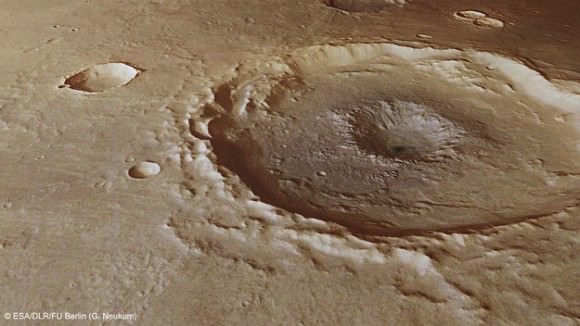 Inside a central pit crater.  Perspective view of a 50 km diameter crater in Thaumasia Planum. The image was made by combining data from the High-Resolution Stereo Camera on ESA’s Mars Express with digital terrain models. The image was taken on 4 January 2013, during orbit 11467, and shows a close up view of the central ‘pit’ of this crater, which likely formed by a subsurface explosion as the heat from the impact event rapidly vapourised water or ice lying below the surface. Copyright ESA/DLR/FU-Berlin-G.Neukum
