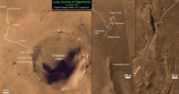 Traverse Map for NASA’s Opportunity rover from 2004 to 2013.  This map shows the entire path the rover has driven during more than 9 years and over 3330 Sols, or Martian days, since landing inside Eagle Crater on Jan 24, 2004 to current location heading south to Solander Point from  Cape York ridge at the western rim of Endeavour Crater.  Credit: NASA/JPL/Cornell/ASU/Marco Di Lorenzo/Ken Kremer