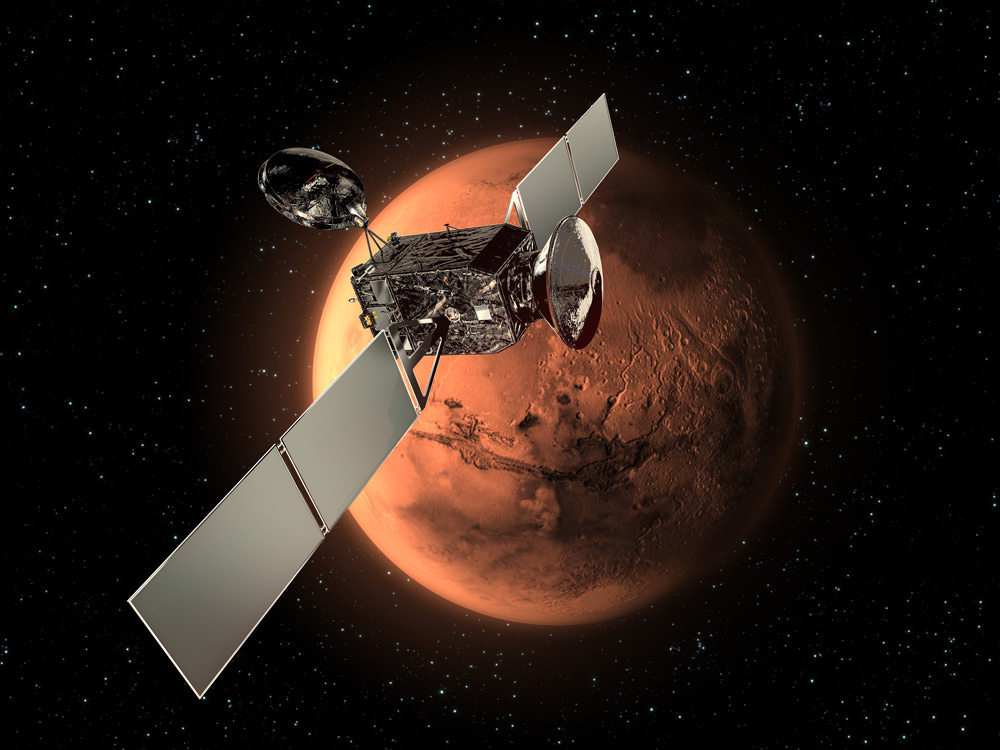 ExoMars 2016 Mission to the Red Planet.  It consists of two spacecraft -  the Trace Gas Orbiter (TGO) and the Entry, Descent and Landing Demonstrator Module (EDM) which will land.  Credit: ESA