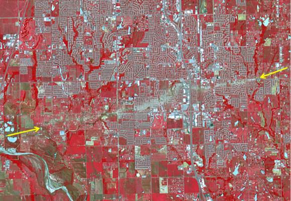 The track of the tornado that struck Moore, Oklahoma on May 20, 2013 is visible from space in this false color image taken on June 2, 2013 by the Advanced Spaceborne Thermal Emission and Reflection Radiometer (ASTER) on NASA’s Terra satellite.