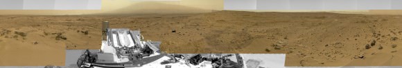 Billion-Pixel View From Curiosity at Rocknest, Raw Color.  This full-circle view combined nearly 900 images taken by NASA's Curiosity Mars rover, generating a panorama with 1.3 billion pixels in the full-resolution version. The view is centered toward the south, with north at both ends. It shows Curiosity at the "Rocknest" site where the rover scooped up samples of windblown dust and sand. Curiosity used three cameras to take the component images on several different days between Oct. 5 and Nov. 16, 2012. Credit: NASA/JPL-Caltech/MSSS