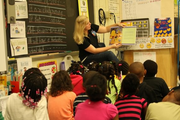 Participation in classrooms from NASA personel might be a thing of the past. Here, Kristyn Damadeo from a project called SAGE III on ISS project reads to students during Earth Science Week. Credit: NASA