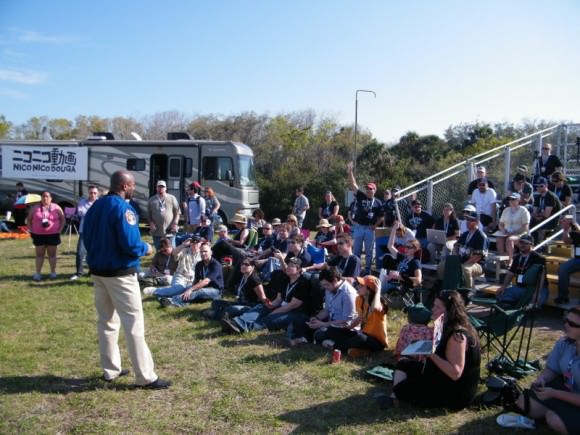 NASA's Leland Melvin talks with Tweet-up participants at the STS-133 launch in February, 2011. Credit: Nancy Atkinson. 