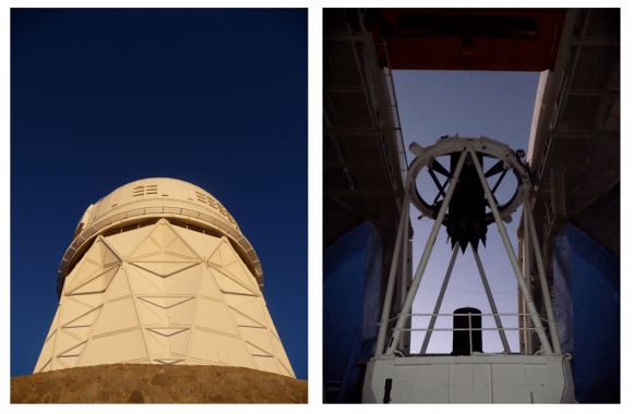 The dome of the 4-meter Mayall telescope (left) as well as the telescope itself (right)