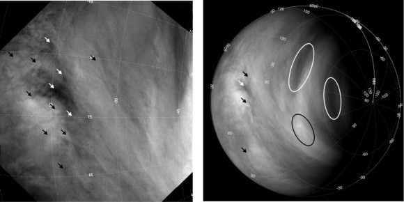 Long-term studies based on tracking the motions of several hundred thousand cloud features, indicated here with arrows and ovals, reveal that the average wind speeds on Venus have increased from roughly 300 km/h to 400 km/h over the first six years of the mission. (Khatuntsev et al.)