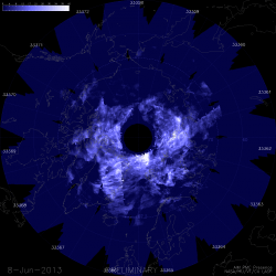 AIM map of noctilucent clouds over the north pole on June 8 (Credit: LASP/University of Colorado)