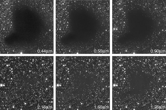 Optical and near-infrared images highlight how dust obscures light emitted from a target along the line-of-sight.  The near-infrared observations are less sensitive to that obscuration (image credit: Alves et al. 2001).