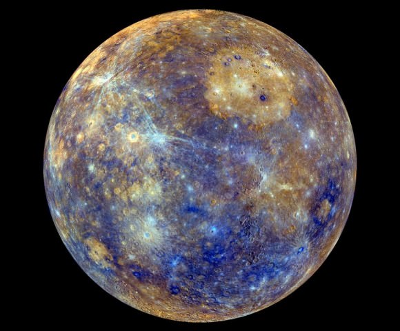 The different colors in this MESSENGER image of Mercury indicate the chemical, mineralogical, and physical differences between the rocks that make up the planet’s surface. Credit: NASA/Johns Hopkins University Applied Physics Laboratory/Carnegie Institution of Washington.