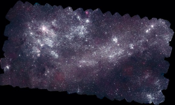 An ultraviolet view of the Large Magellanic Cloud from Swift's Ultraviolet/Optical Telescope. Almost 1 million ultraviolet sources are visible in the image, which took 5.4 days of cumulative exposure to do. The wavelengths of UV shown in this picture are mostly blocked on Earth's surface. Credit: NASA/Swift/S. Immler (Goddard) and M. Siegel (Penn State)