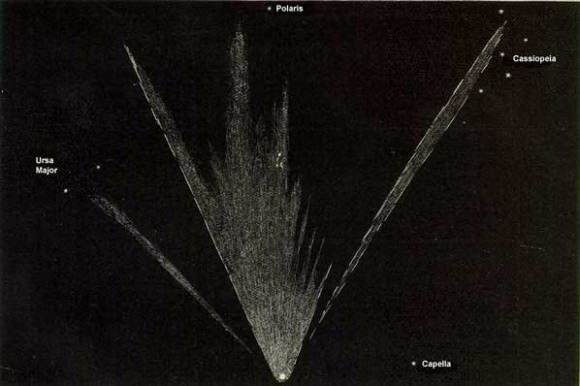 The Great Comet of 1861 as drawn by G. Williams on June 30th, 1861. (From Descriptive Astronomy by George Chambers, 1877)  