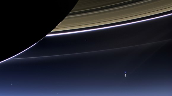 The Day the Earth Smiled: Sneak Preview. In this rare image taken on July 19, 2013, the wide-angle camera on NASA's Cassini spacecraft has captured Saturn's rings and our planet Earth and its moon in the same frame. Image Credit: NASA/JPL-Caltech/Space Science Institute