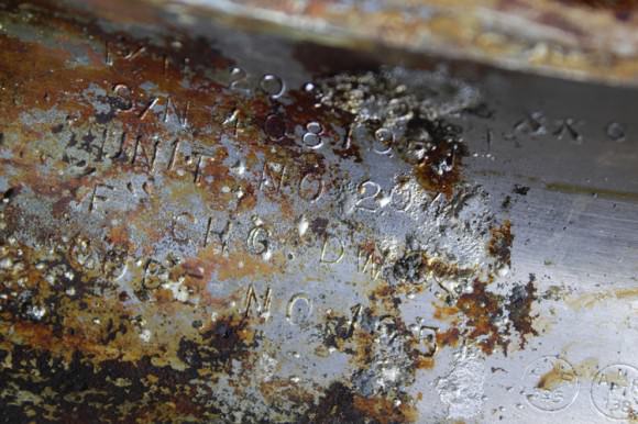 Apollo 11 Saturn V F-1 Engine Thrust Chamber recovered from the floor of the Atlantic Ocean- stenciled with Rocketdyne serial number “2044”. Credit: Jeff Bezos Expeditions 