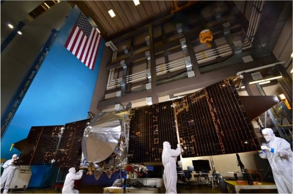 The solar panels on the MAVEN spacecraft are deployed as part of environmental testing procedures at Lockheed Martin Space Systems in Littleton, Colorado, before shipment to Florida 0on Aug. 2 and blastoff for Mars on Nov. 18, 213. Credit: Lockheed Martin