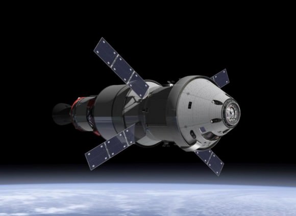 NASA Orion spacecraft blasts off atop 1st  Space Launch System rocket in 2017 - attached to European provided service module – on an enhanced m mission to Deep Space where an asteroid could be relocated as early as 2021.   Credit: NASA