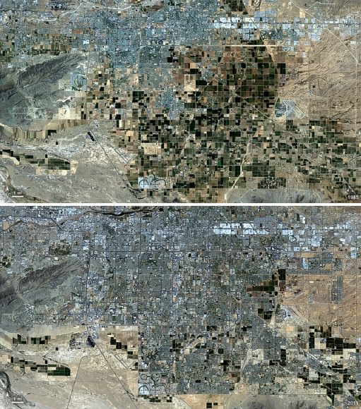 Chandler, Arizona imaged in 1985 (top) and 2011 (bottom.)  As its economy shifted from agriculture to manufacturing and electronics, Chandler's population multiplied 8 times to over 236,000. 