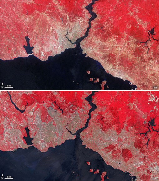 The explosion of Istanbul's population from 2 to 3 million people is evident in these Landsat images, comparing 1975 to 2011. Vegetation appears red in the imaging wavelengths used here.