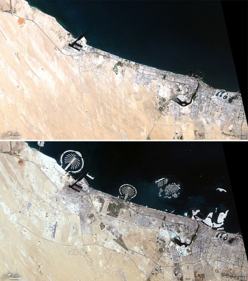 Some of the most dramatic -- and rapid --  changes have occurred in Dubai, whose artificial offshore islands suddenly appear between images taken in 2000 (top) and 2010 (bottom.) Once barely visible against the desert landscape, Dubai is now an international center of business, tourism, and oil production.