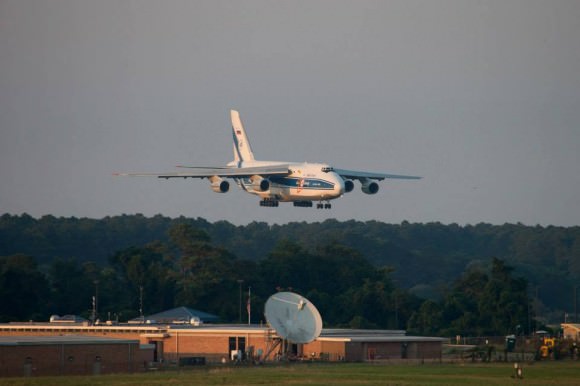 Antonov An-124 aircraft carrying Cygnus module from Italy arrives at NASA Wallops Island, VA on July 17, 2013.   Credit: NASA/Brea Reeves