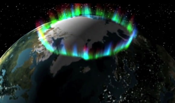 When we see an auroral arc - and associated rays - we really seeing a small section of the much larger, permanent aurora called the auroral oval. The northern oval is centered over the geomagnetic north pole located in northern Canada. Credit: NASA