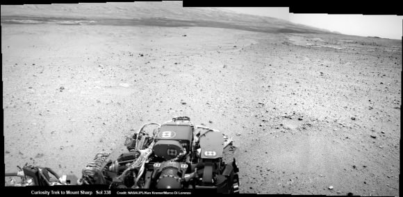 Curiosity On the Road to Mount Sharp and treacherous Sand Dunes - Sol 338 - July 19.  Curiosity captured this panoramic view of the path ahead to the base of Mount Sharp and potentially dangerous sand dunes after her most recent drive on July 19, 2013. She must safely cross over the dark dune field to climb and reach the lower sedimentary layers of Mount Sharp.   Credit: NASA/JPL-Caltech/Ken Kremer-(kenkremer.com)/Marco Di Lorenzo