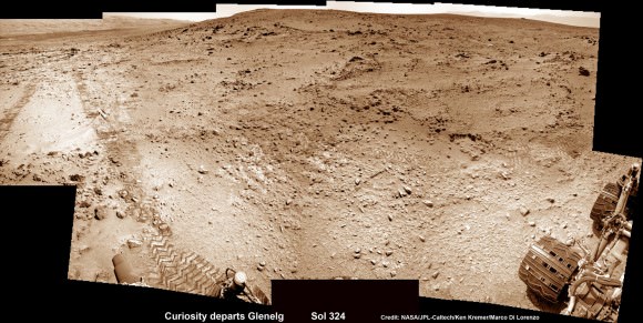 This photomosic shows NASA’s Curiosity departing at last for Mount Sharp- her main science destination. Note the wheel tracks on the Red Planet’s surface. The navcam camera images were taken on July 4, 2013 (Sol 324). Credit: NASA/JPL-Caltech/Ken Kremer (kenkremer.com)/Marco Di Lorenzo