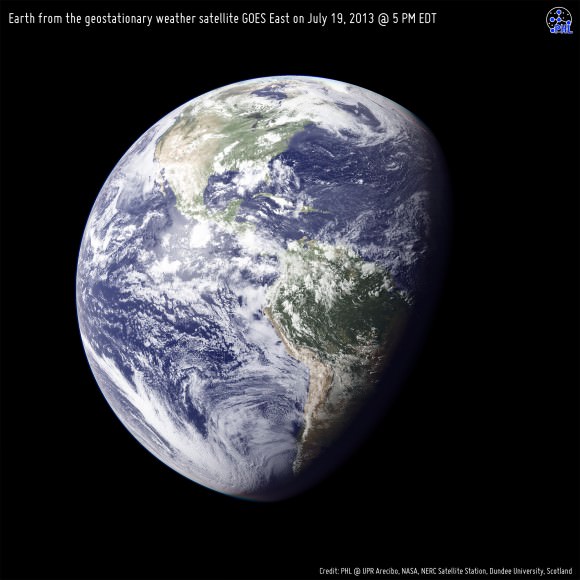 Earth from the geostationary weather satellite GOES East on July 19, 2013 at 5 PM EST. This is approximately the view that Cassini would have had of Earth during imaging.