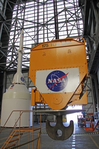 This 175 ton hook and crane system used to maneuver the Orion crew capsule, Service Module and Launch Abort System (LAS) components inside the Vehicle Assembly Building the Kennedy Space Center (KSC) in Florida. Credit: Ken Kremer/kenkremer.com 