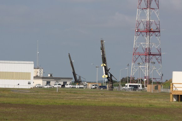 Black Brant V (left) and a Terrier-Improved Orion (right) rockets sit on launch pads as part of the Daytime Dynamo mission in this up close  view from NASA Wallops Flight Facility at Virginia’s Eastern Shore.  Credit: Ken Kremer/kenkremer.com