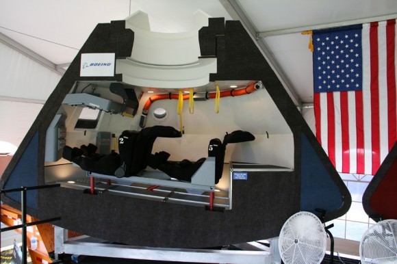 Early version of Boeing CST-100 capsule mock-up, interior view. Credit: Ken Kremer – kenkremer.com