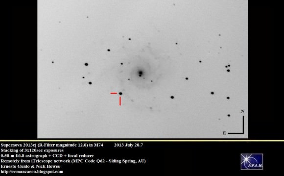 Supernova 2013ej, taken remotely on July 29, 2013 from iTelescope Network using the Siding Spring Observatory. Credit: Ernesto Guido and Nick Howes. 