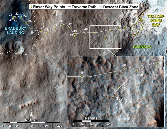 Curiosity's Traverse Map Through Sol 333 - This map shows the route driven by NASA's Mars rover Curiosity through Sol 333 of the rover's mission on Mars (July 14, 2013).  Numbering of the dots along the line indicate the sol number of each drive. North is up. The scale bar is 200 meters (656 feet). From Sol 331 to Sol 333, Curiosity had driven a straight line distance of about 45.05 feet (13.73 meters).  The base image from the map is from the High Resolution Imaging Science Experiment Camera (HiRISE) in NASA's Mars Reconnaissance Orbiter. Credit: NASA/JPL-Caltech/Univ. of Arizona 