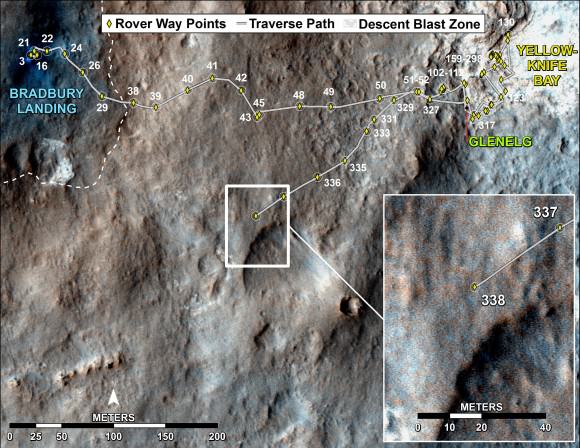 Curiosity's Traverse Map Through Sol 338 This map shows the route driven by NASA's Mars rover Curiosity through Sol 338 of the rover's mission on Mars (July 19, 2013).  Numbering of the dots along the line indicate the sol number of each drive. North is up. The scale bar is 200 meters (656 feet). From Sol 337 to Sol 338, Curiosity had driven a straight line distance of about 122.90 feet (32.59 meters). The base image from the map is from the High Resolution Imaging Science Experiment Camera (HiRISE) in NASA's Mars Reconnaissance Orbiter.  Image Credit: NASA/JPL-Caltech/Univ. of Arizona 