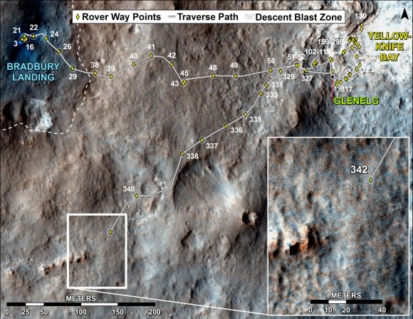 Curiosity's Traverse Map Through Sol 342. This map shows the route driven by NASA's Mars rover Curiosity through the 342 Martian day, or sol, of the rover's mission on Mars (July 21, 2013). Numbering of the dots along the line indicate the sol number of each drive. North is up. The scale bar is 200 meters (656 feet). From Sol 340 to Sol 342, Curiosity had driven a straight line distance of about 191.9 feet (58.49 meters).  The base image from the map is from the High Resolution Imaging Science Experiment Camera (HiRISE) in NASA's Mars Reconnaissance Orbiter.   Image Credit: NASA/JPL-Caltech/Univ. of Arizona  