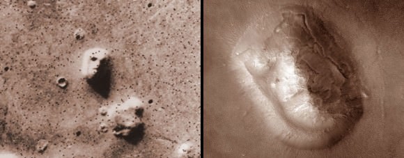 The infamous Mars Face (left) photographed in comparatively low resolution by the Viking orbiter in 1976 and a much higher resolution view made by current Mars Reconnaissance Orbiter. Credit: NASA