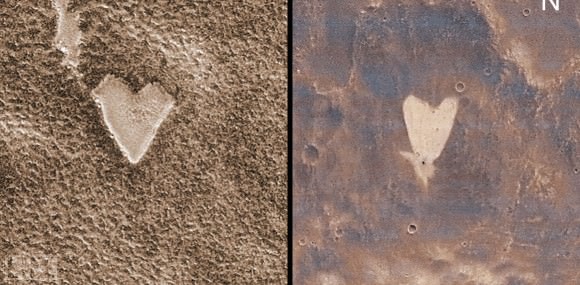 I love these two little hearts. The one on the left is a mesa top outlined by frost about the size of a football stadium. On the right, a small impact crater near the tip of the heart blew away dark surface material exposing lighter soil beneath. Some of the material appears to have flowed downslope to create the heart.