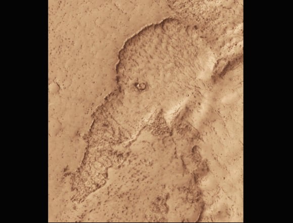 Lava flows in Mars' Elysium Planitia region have left a rather good likeness of a woolly mammoth or elephant. The region is known for some of the planet's youngest lavas - this one may formed in the past 100 million years.