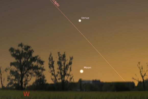 The Moon & Venus on the evening of July 9th from latitude 30 degrees north, about 30 minutes after sunset. (Created by the author using Stellarium).