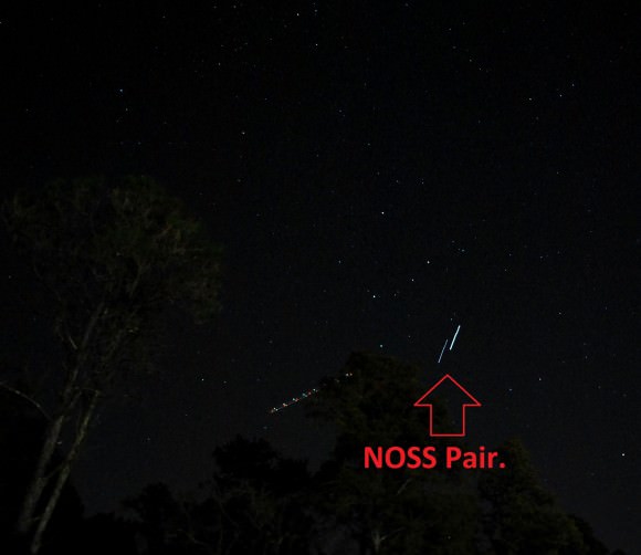 A NOSS pair captured by the author. The multi-colored trail bisecting the path is an aircraft. Note a bit of "jitter" at the beginning of the exposure- I had to swing the camera into action quickly!