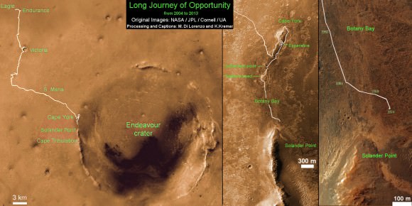 Traverse Map for NASA’s Opportunity rover from 2004 to 2013.  This map shows the entire path the rover has driven during more than 9 years and over 3374 Sols, or Martian days, since landing inside Eagle Crater on Jan 24, 2004 to current location near foothills of Solander Point at the western rim of Endeavour Crater.  Credit: NASA/JPL/Cornell/ASU/Marco Di Lorenzo/Ken Kremer