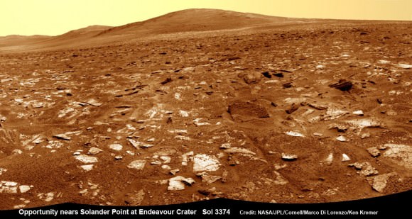 Opportunity rover’s view from very near the foothills of Solander Point looking along the rim and vast expanse of Endeavour Crater.  Solander Point is the 1st Martian Mountain NASA’s Opportunity will climb and the rovers next destination.  Solander Point may harbor clay minerals indicative of a past Martian habitable environment. This navcam mosaic was assembled from raw images taken on Sol 3374 (July 21, 2013).  Credit: NASA/JPL/Cornell/Marco Di Lorenzo/Ken Kremer (kenkremer.com)  See complete  panoramic mosaic below