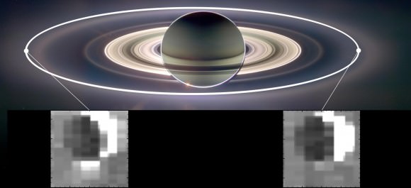 This set of images from NASA's Cassini mission shows how the gravitational pull of Saturn affects the amount of spray coming from jets at the active moon Enceladus. Enceladus has the most spray when it is farthest away from Saturn in its orbit (inset image on the left) and the least spray when it is closest to Saturn (inset image on the right). Credit: NASA/JPL-Caltech/University of Arizona/Cornell/SSI.