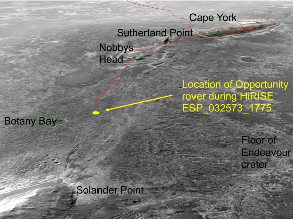 an oblique, northward-looking view based on stereo orbital imaging, shows the location of Opportunity on its journey from Cape York to Solander Point when HiRISE took the new color image. Endeavour Crater is about 14 miles (22 kilometers) in diameter. The distance from Cape York to Solander Point is about 1.2 miles (2 kilometers). The red line indicates the path the rover has driven. Credit:  NASA/JPL-Caltech/Univ. of Arizona.