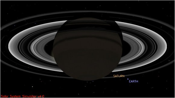 This simulated view from NASA's Cassini spacecraft shows the expected positions of Saturn and Earth on July 19, 2013, around the time Cassini will take Earth's picture. Cassini will be about 898 million miles (1.44 billion kilometers) away from Earth at the time. That distance is nearly 10 times the distance from the sun to Earth. Image credit: NASA/JPL-Caltech
