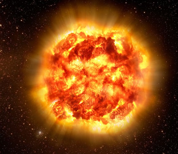 When a massive star runs out of nuclear fuel in its core, the energy that has prevented the force of gravity from crushing the star is gone. Gravity now finally wins and collapses the star which then rebounds in a huge explosion. Credit: ESO