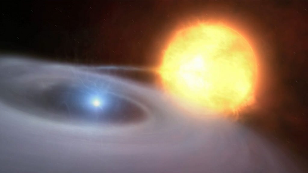 Illustration of a white dwarf feeding off its companion star. This will result in a supernova explosion that can create heavier elements. Credit: ESO / M. Kornmesser