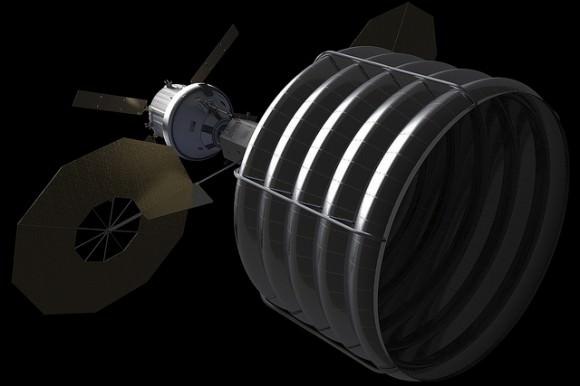Concept of NASA spacecraft with Asteroid capture mechanism deployed to redirect a small space rock to a stable lunar orbit for later study by astronauts aboard Orion crew capsule. Credit: NASA.