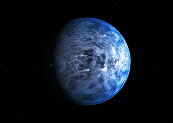 Artist’s impression of the deep blue planet HD 189733b, based on observations from the Hubble Space Telescope. Credit: NASA/ESA.