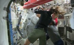 ISS Astronauts had to scramble to get Luca Parmitano out of his spacesuit after water leaked inside the suit, covering his face. Via NASA TV. 