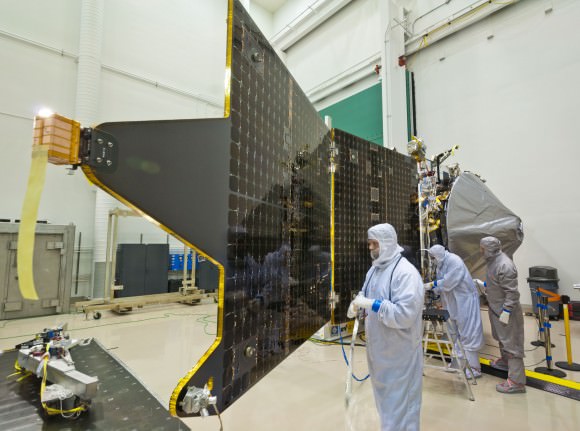 MAVEN spacecraft at a Lockheed Martin clean room near Denver, Colo. (Credit: Lockheed Martin).